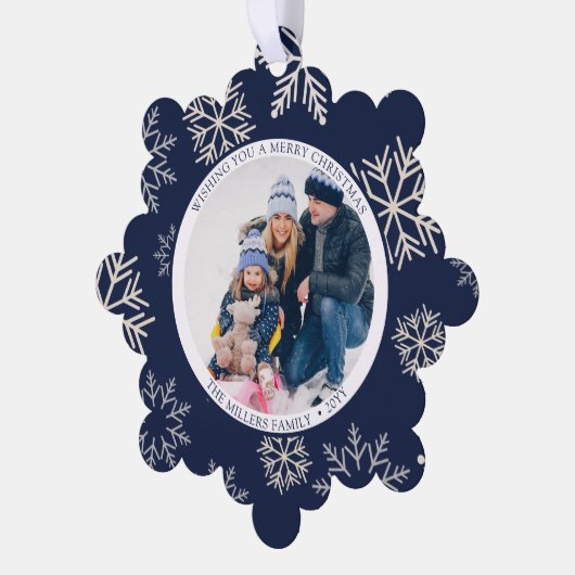 クリスマススノーフレークの青い写真 オーナメントカード (左)
