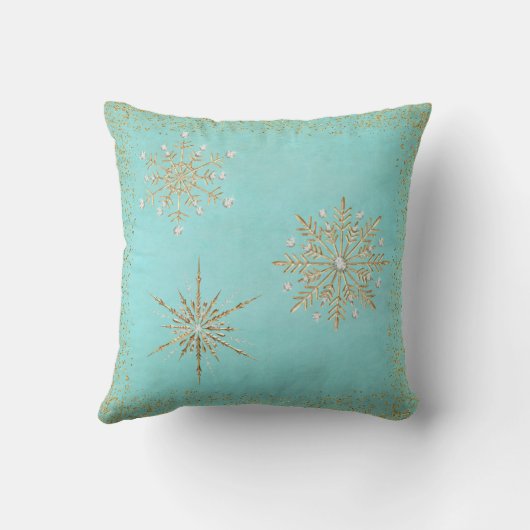クリスマススノーフレークアクア&金ゴールドグリッター クッション (裏面)