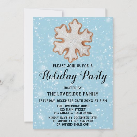 クリスマススノーフレーククッキー休日パーティーブルースノー 招待状 (正面)