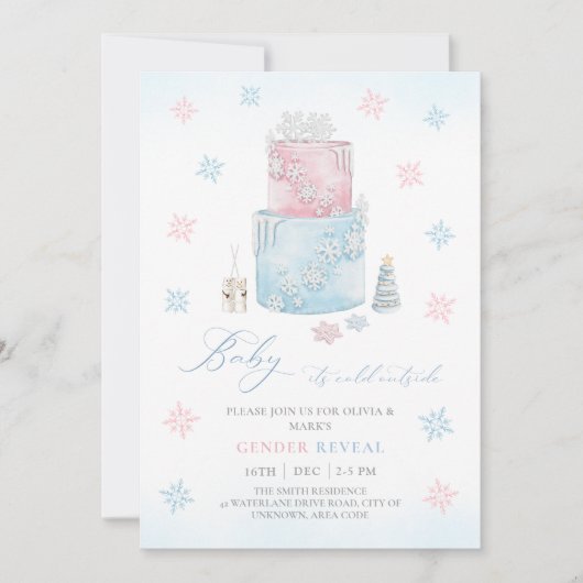 クリスマススノーフレークケーキ冬の性別が明らかになる 招待状 (正面)