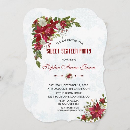 クリスマススノーフレークスポインセチアSweet sixteen 招待状 (正面/裏面)