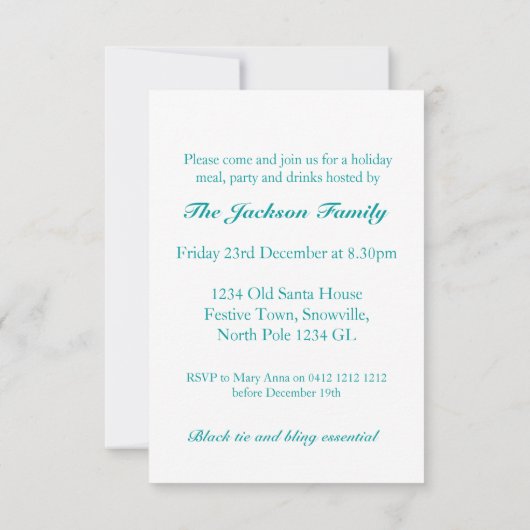 クリスマススノーフレークツリーパーティの招待状ティール(緑がかった色) 招待状 (裏面)