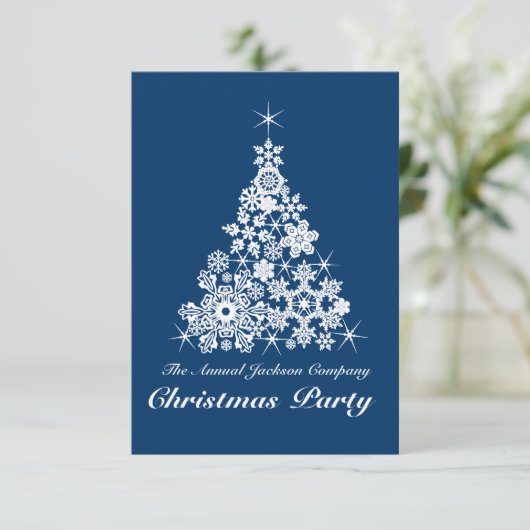 クリスマススノーフレークツリーパーティの招待状ブルー 招待状 (スタンド正面)