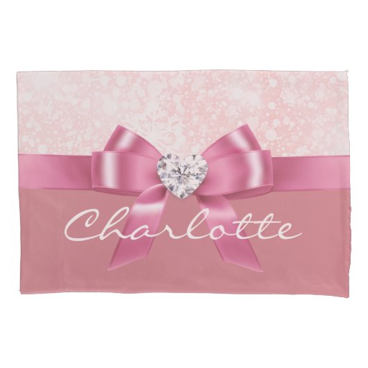 クリスマススノーフレークピンクリボンダイヤモンドピロー 枕カバー (正面)