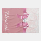 クリスマススノーフレークピンク光沢リボン及びダイヤモンド キッチンタオル (横)