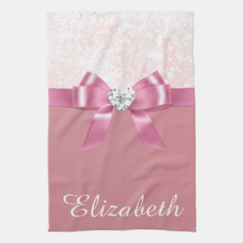 クリスマススノーフレークピンク光沢リボン及びダイヤモンド キッチンタオル