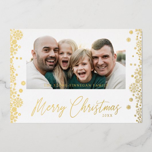 クリスマススノーフレークファンシーミニマモダンリストの写真 箔シーズンカード (正面)