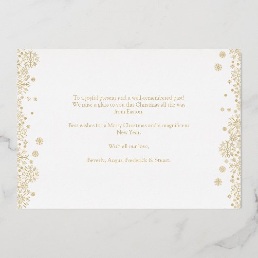 クリスマススノーフレークファンシーミニマモダンリストの写真 箔シーズンカード (裏面)