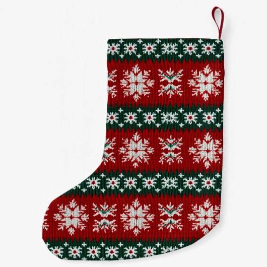 クリスマススノーフレークフェイクニット赤い緑のパターン スモールクリスマスストッキング (裏面)