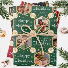 クリスマススノーフレークフォトグリーンレッドブラック3 ラッピングペーパーシート