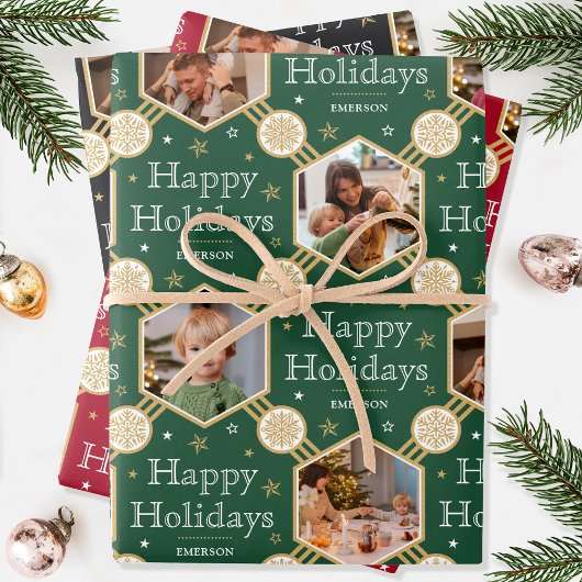 クリスマススノーフレークフォトグリーンレッドブラック3 ラッピングペーパーシート