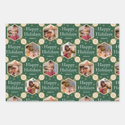 クリスマススノーフレークフォトグリーンレッドブラック3 ラッピングペーパーシート (正面)