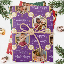 クリスマススノーフレークフォトパープルレッドグリーン3 ラッピングペーパーシート