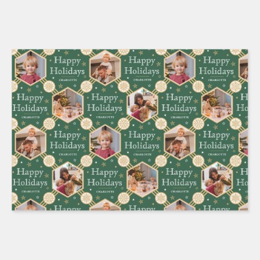 クリスマススノーフレークフォトレッドグリーンブルー3 ラッピングペーパーシート (正面3)