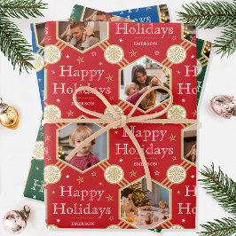 クリスマススノーフレークフォトレッドグリーンブルー3 ラッピングペーパーシート