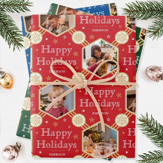 クリスマススノーフレークフォトレッドグリーンブルー3 ラッピングペーパーシート