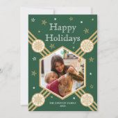 クリスマススノーフレークフォト名グリーンフラットラベル シーズンカード (正面)