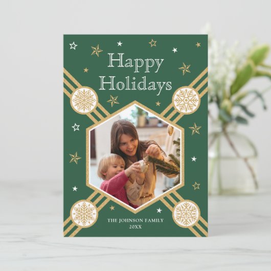 クリスマススノーフレークフォト名グリーンフラットラベル シーズンカード (スタンド正面)