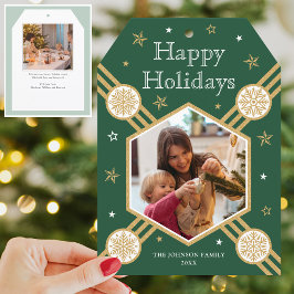 クリスマススノーフレークフォト名グリーンフラットラベル シーズンカード