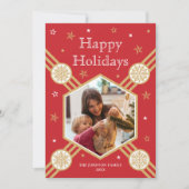 クリスマススノーフレークフォト名レッドフラットラベル シーズンカード (正面)