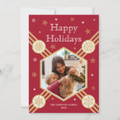 クリスマススノーフレークフォト名深いレッドフラットラベル シーズンカード (正面)