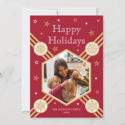 クリスマススノーフレークフォト名深いレッドフラットラベル シーズンカード (正面)