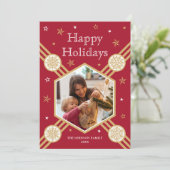 クリスマススノーフレークフォト名深いレッドフラットラベル シーズンカード (スタンド正面)