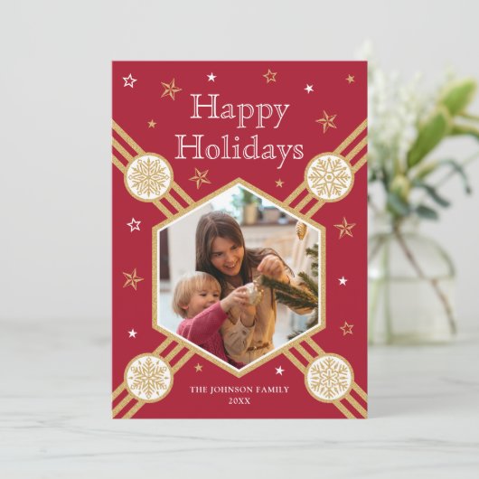 クリスマススノーフレークフォト名深いレッドフラットラベル シーズンカード (スタンド正面)