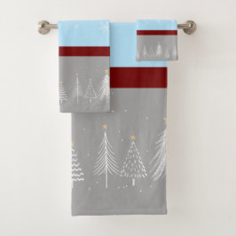 クリスマススノーフレークブルーレッドグレー バスタオルセット