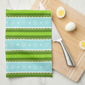 クリスマススノーフレークブルー&グリーンストライプのパターン キッチンタオル (四つ折り)