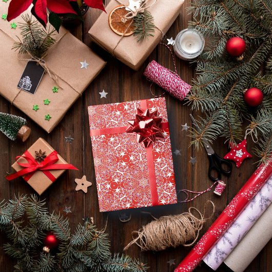 クリスマススノーフレークラグジュアリーパターンレッド ラッピングペーパー