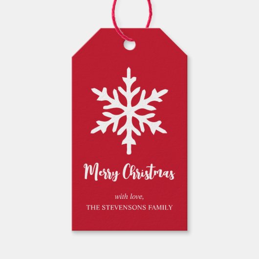 クリスマススノーフレークレッドミニマリストホリデーパーティー ギフトタグ (正面)