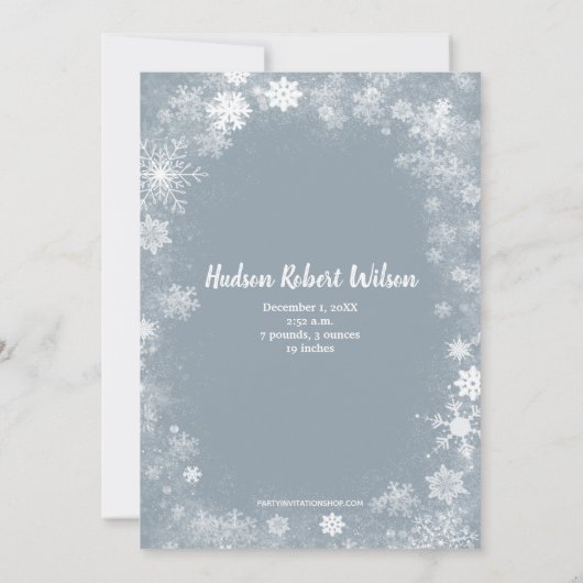 クリスマススノーフレーク写真の誕生のお知らせ シーズンカード (裏面)