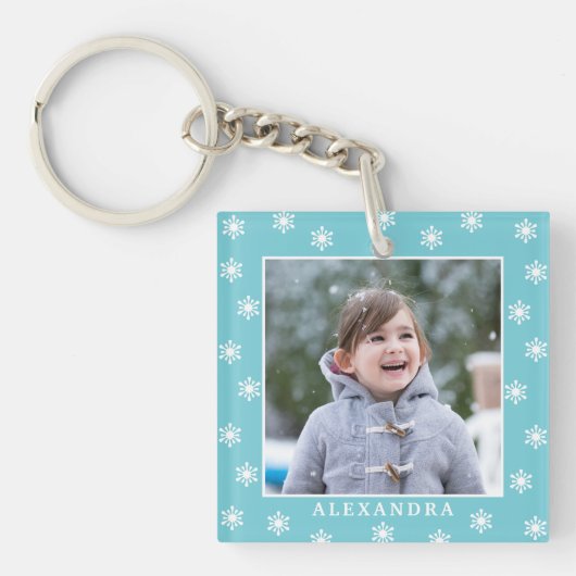クリスマススノーフレーク写真名ブルー キーホルダー (正面)
