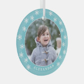 クリスマススノーフレーク名前をカスタムするブルーフォト ガラスオーナメント (正面右)