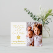 クリスマススノーフレーク平和ジョイ愛の写真実在金ゴールド 箔シーズンポストカード (立ち正面)