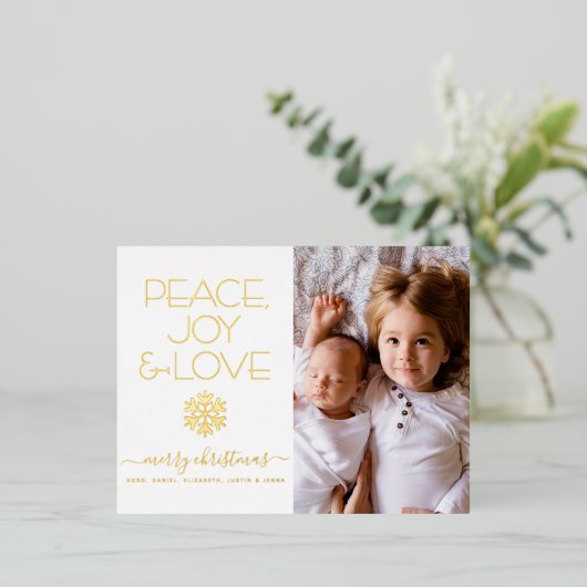 クリスマススノーフレーク平和ジョイ愛の写真実在金ゴールド 箔シーズンポストカード (立ち正面)