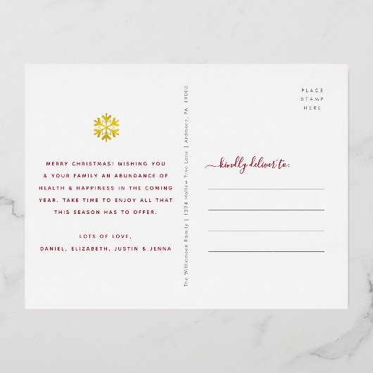 クリスマススノーフレーク平和ジョイ愛の写真実在金ゴールド 箔シーズンポストカード (裏面)