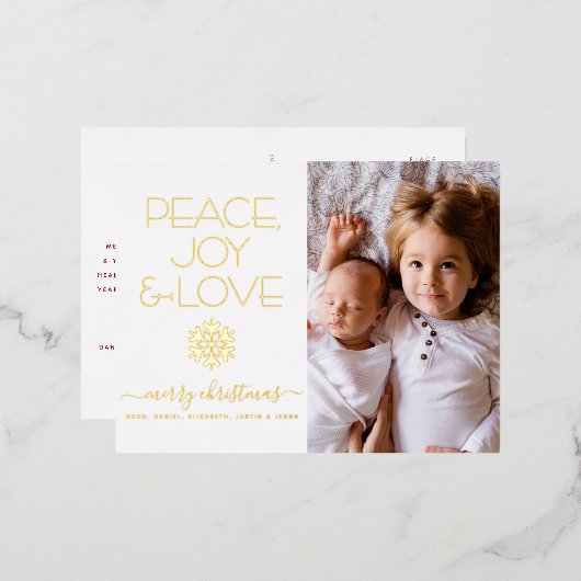 クリスマススノーフレーク平和ジョイ愛の写真実在金ゴールド 箔シーズンポストカード (正面/裏面)