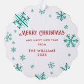 クリスマススノーフレーク緑の赤の写真 オーナメントカード (裏面)