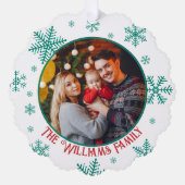 クリスマススノーフレーク緑の赤の写真 オーナメントカード (正面)