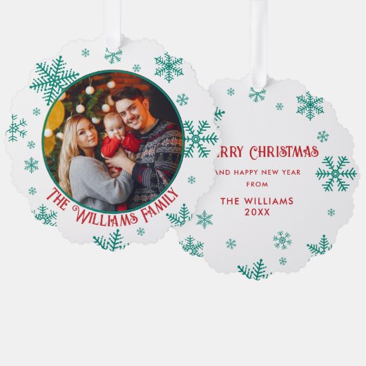 クリスマススノーフレーク緑の赤の写真 オーナメントカード (正面/裏面)