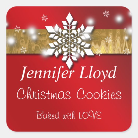 クリスマススノーフレーク、ゴールドフォイル、ホリデーステッカー スクエアシール (正面)