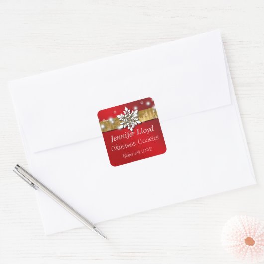 クリスマススノーフレーク、ゴールドフォイル、ホリデーステッカー スクエアシール (封筒)