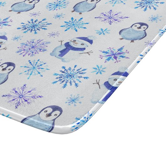 クリスマススノーフレーク、雪だるまとペンギン カッティングボード (角)