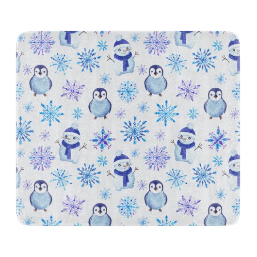 クリスマススノーフレーク、雪だるまとペンギン カッティングボード (正面)