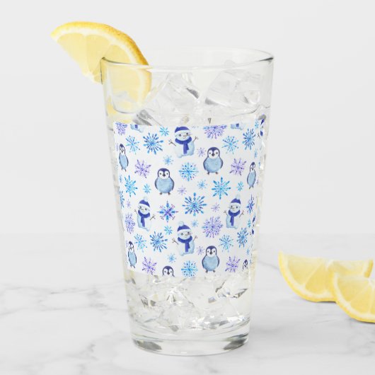 クリスマススノーフレーク、雪だるまとペンギン タンブラーグラス (アイス正面)