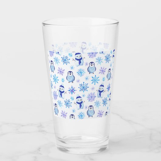 クリスマススノーフレーク、雪だるまとペンギン タンブラーグラス (正面)