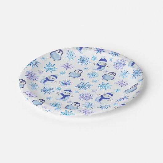クリスマススノーフレーク、雪だるまとペンギン ペーパープレート (アングル)