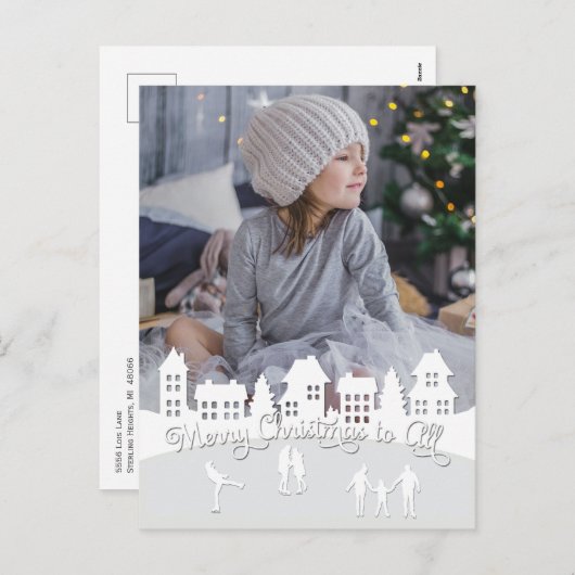クリスマススノーホワイトビレッジシルエット シーズンポストカード (正面/裏面)